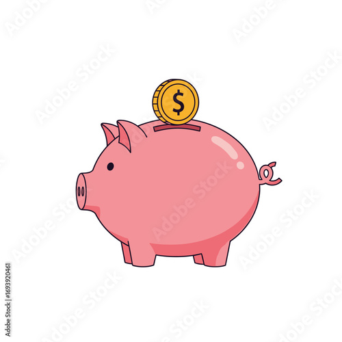 Adorable pink piggy bank illustration with gold coin symbolizing savings and financial growth