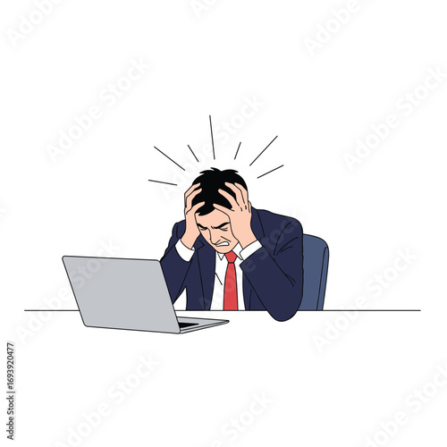 Frustrated businessman gripping head while sitting at desk with laptop experiencing stress and overwhelm