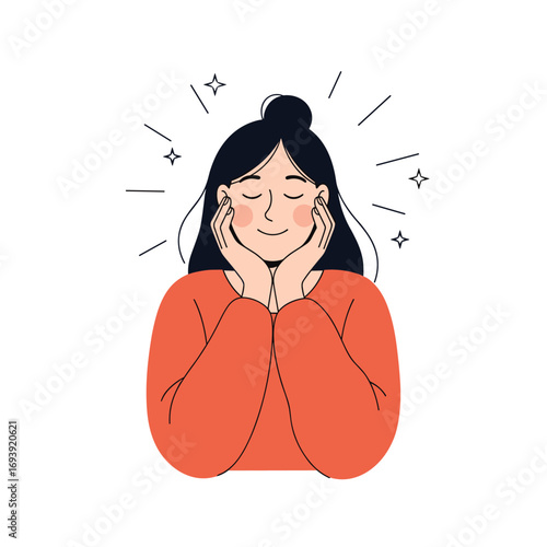 A young woman with her eyes closed in a moment of pure serene bliss and radiant happiness glowing around her