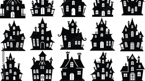 Collection of spooky haunted house silhouettes, perfect for Halloween-themed designs and eerie illustrations