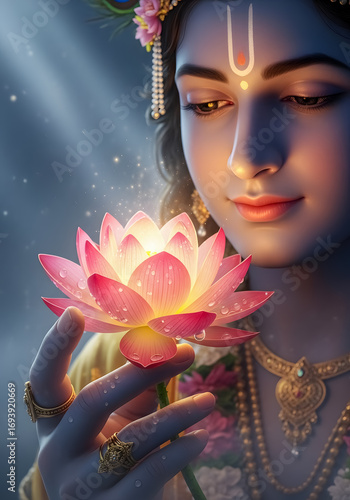 Divine Lord Krishna holding lotus flower offering peace and spiritual awakening