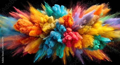 Vivid explosion of rainbow powder, swirling and mixing against a stark black backdrop. An abstract burst of color and motion in vibrant shades