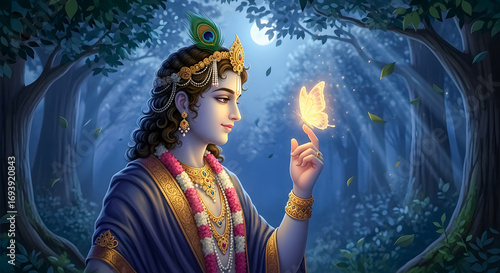 Lord Krishna with radiant butterfly in the dreamy forest moonlight scene