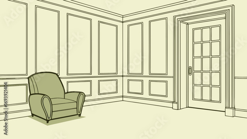 Interior design living room illustration with armchair and paneled walls drawing art