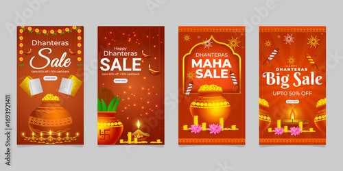 Vector illustration of Happy Dhanteras social media feed template for festive sale offer discounts