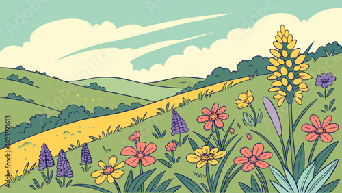 Beautiful spring landscape with flowers and rolling hills vector illustration art