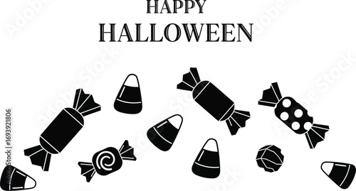 Happy halloween candy illustration, featuring an assortment of sweets and treats for spooky season celebration