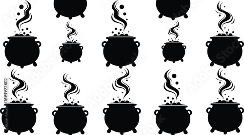 Seamless pattern of black witch cauldrons with boiling potion for halloween celebration and spooky designs