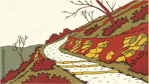 Illustration of scenic mountain trail pathway with rocks and autumn trees landscape