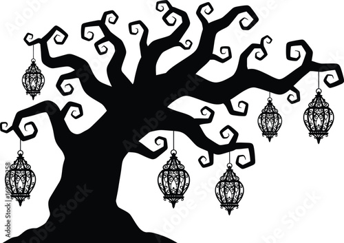 Spooky halloween tree silhouette with hanging lanterns, creating a mysterious and festive atmosphere for holiday season