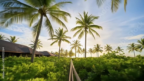 Tropical resort with lush greenery, beach houses, palm trees, and sky at sunset