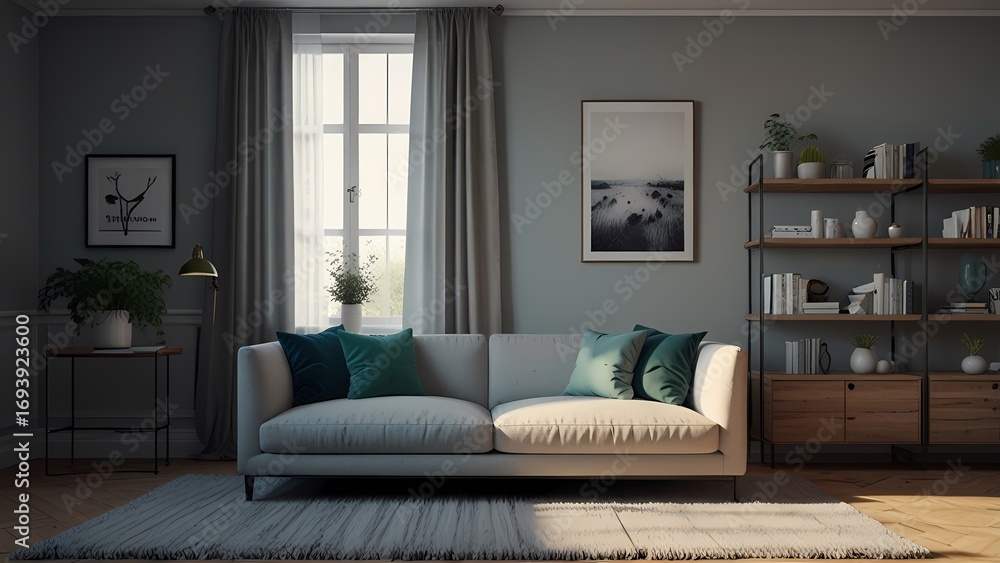 Fototapeta premium A modern, elegant indoor background. Bright soft natural light coming from a large window on the right side, creating gentle highlights and shadows. Interior walls are not plain, but with soft variati