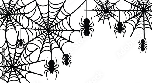 Spider web with spiders halloween decoration with spiderweb and hanging spiders creepy, scary, horror concept