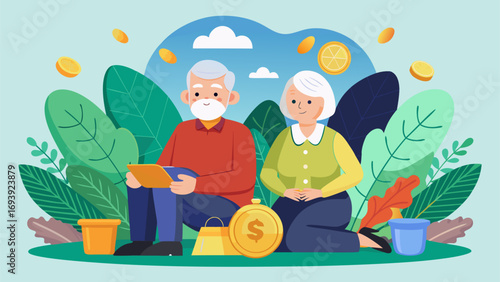Senior couple planning finances with tablet surrounded by money symbols and greenery