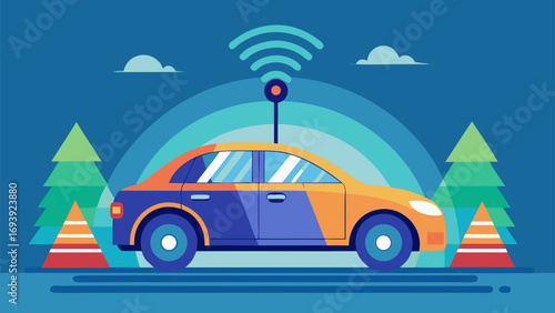 Autonomous smart car with wireless connectivity driving through forest road in flat style illustration
