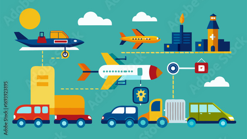Colorful transportation and logistics concept with airplanes, cars, trucks, and delivery icons in flat design style