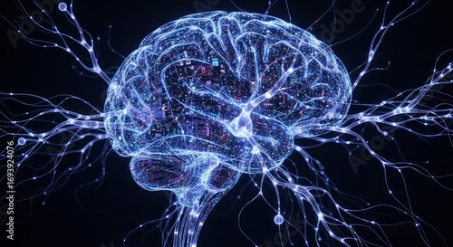 A luminous translucent blue brain model features intricate internal circuits and glowing neuron-like extensions set against a dark background