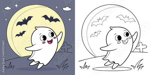 Cute cartoon ghost waving on a moonlit night halloween