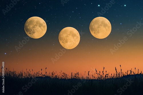 Three full moons shining brightly in a starry night sky