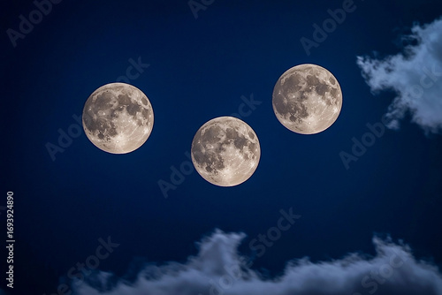 Three full moons shining brightly in a starry night sky