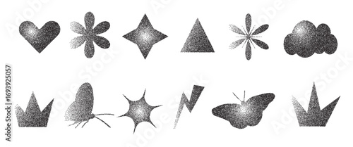 Geometric figures with grain noise gradient texture. Y2k retro stippling forms set. Butterfly, crown, lightning and flower linocut on white background. Vector gritty shapes illustration.