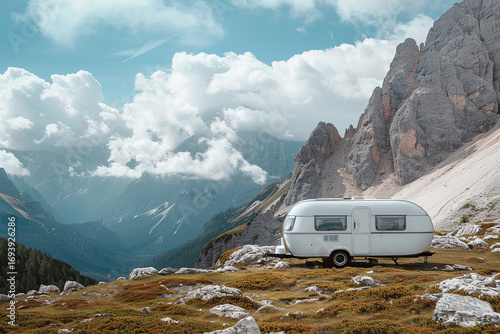 Holiday trip on large family motorhome for holiday in beautiful natural nature, abstract vivid composition consists of fictional unreal fantastic vision on background