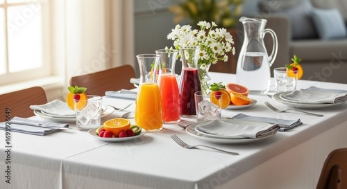 A beautifully set breakfast table with colorful juices, fresh fruit, and flowers