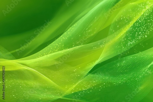 Abstract image with green wavy lines and blurry light dots. Perfect for technology, nature, or eco-friendly themed designs.