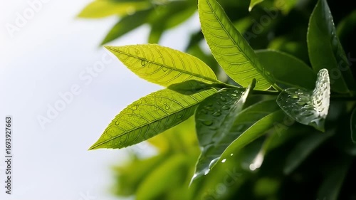Green leaves display intricate veins & water droplets, against a bright background