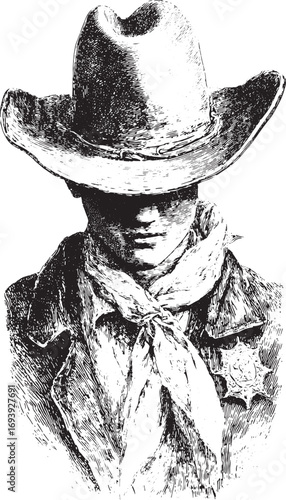 Cowboy with hat and sheriff badge wears a bandana and jacket. Vintage western vector illustration in black and white.