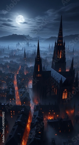 Gothic cathedral skyline under moonlight