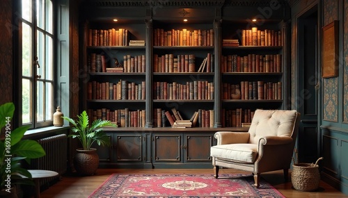 Wallpaper Mural Cozy reading nook with stacked books, antique wooden shelves, and soft lighting creating a warm and inviting atmosphere perfect for relaxation and literary escape , aesthetic, background, shadow Torontodigital.ca