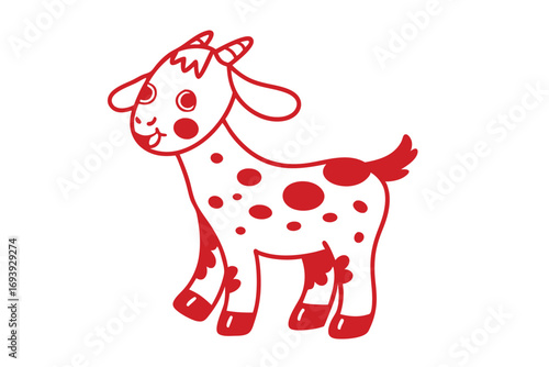 A cartoon goat outlined in red with spots and a happy smiling face stands