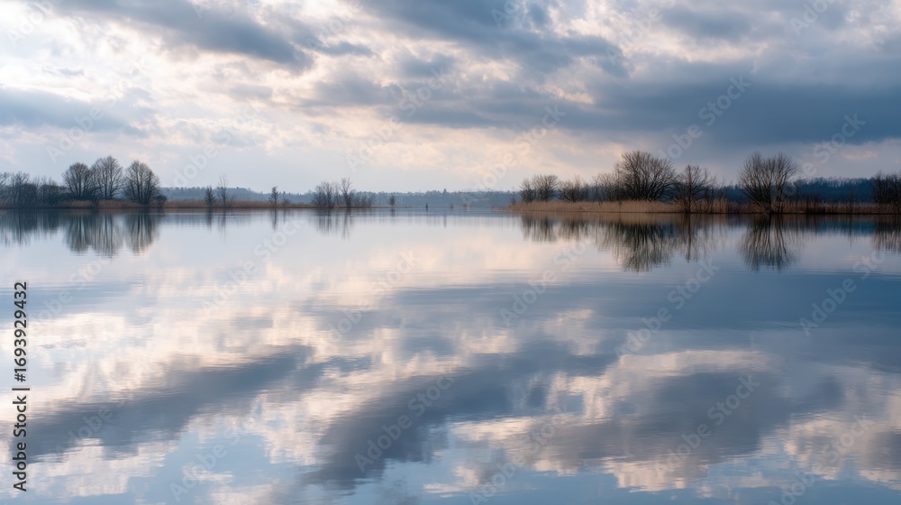 Fototapeta premium Landscape photograph of a lake. the sky is filled with white, fluffy clouds that are reflected in the still water. the clouds are scattered across the sky, creating a mirror-like effect.