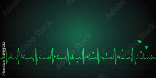 The medical monitor displays a green heartbeat line forming a cardiogram wave with a heart shape
