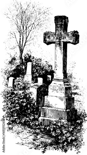 Cross tombstone and graves with vines and tree in a cemetery. Black and white vintage vector illustration with engraved stone and grassy background.