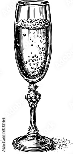 Champagne glass with bubbles, detailed vintage sketch style. Black and white vector illustration with elegant engraved design.