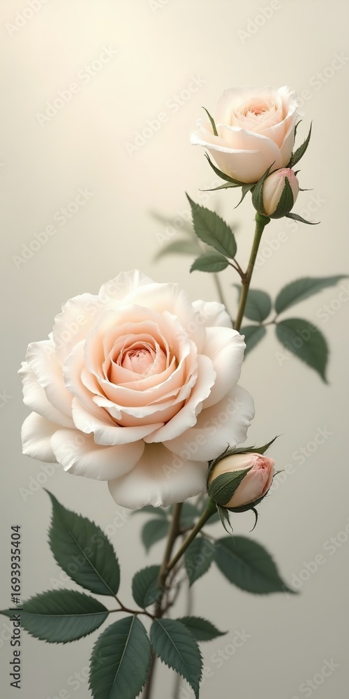 Obraz premium Beautiful Pale Pink Roses Blooming With Delicate Petals and Fresh Green Leaves in Soft Natural Light