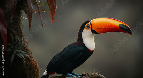 A colorful toucan rests on a branch, displaying its vivid feathers and distinctive beak against a natural backdrop