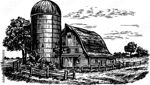 Farm with barn, silo, tree, and fence in rural landscape. Vintage black and white sketch vector illustration.