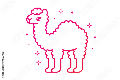 Adorable llama with a fluffy body and cute eyes surrounded by sparkles and dots