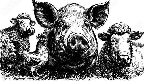 Farm animal set with pig, sheep, cow, and chicken in black and white. Vintage style vector illustration with detailed sketching.