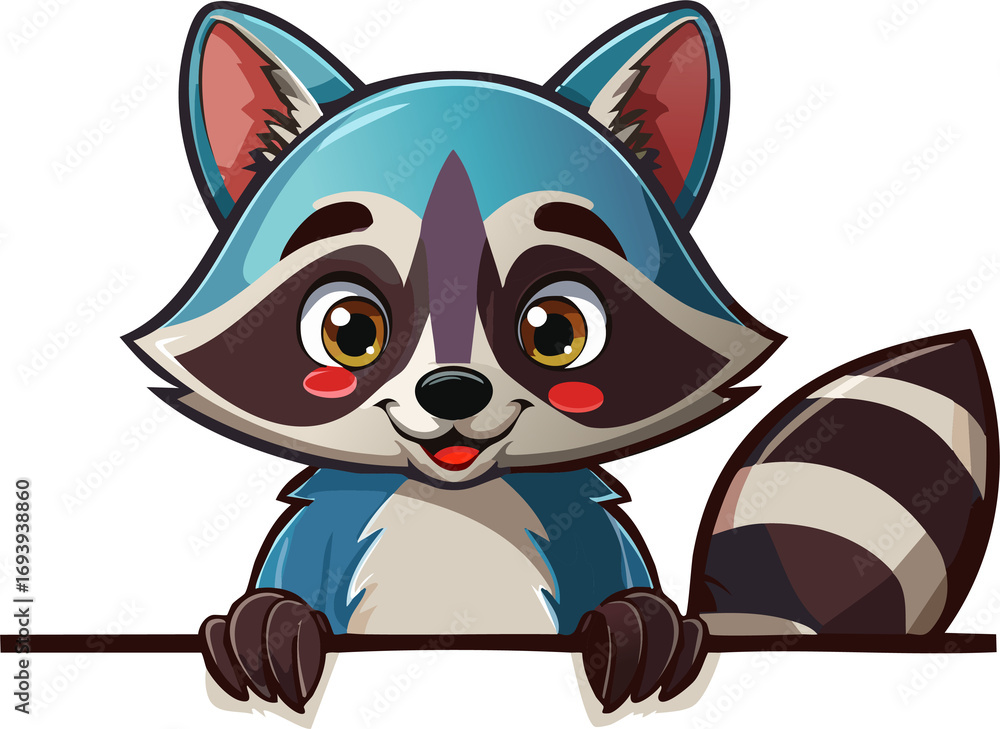 Obraz premium A mischievous but shy cartoon raccoon character peeking from behind a trash can, with its signature mask and big, curious, expressive eyes, a simple and funny design, vector illustration.