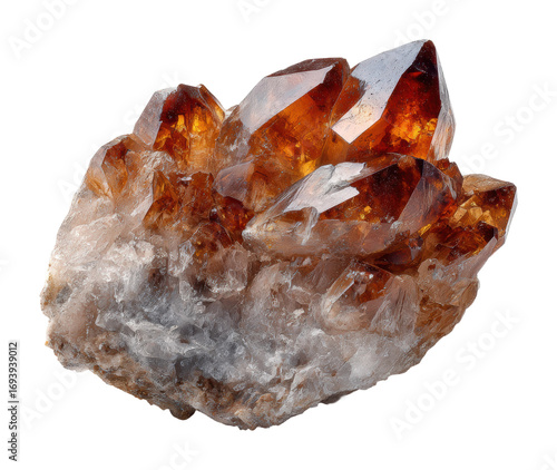 Sparkling amber crystals mineral showcase natural gemstones isolated on transparent background