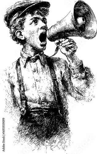 Boy with cap and suspenders shouting through a megaphone. Vintage black and white sketch, detailed vector illustration.