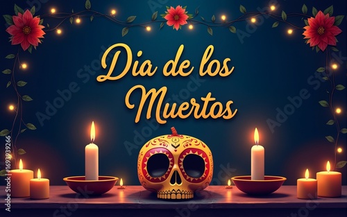 Dia de los Muertos (in Spanish) - Day of the Dead. Traditional Mexican holiday event. Banner or website header. Dark blue background with burning candles, golden lettering, and glowing lights garland.