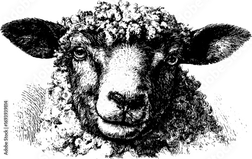 Sheep face in a detailed monochrome ink drawing. Realistic wool livestock vector illustration with traditional sketch style.