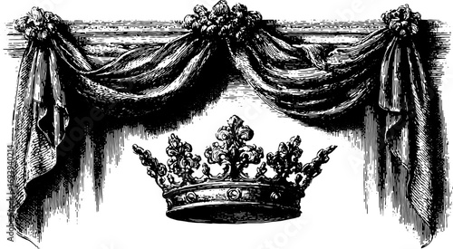 Crown with vintage ornament and draped ribbon in classic style. Black and white engraving vector illustration.
