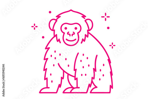 Bright pink chimp sits with dots and plus signs outlining the friendly monkey