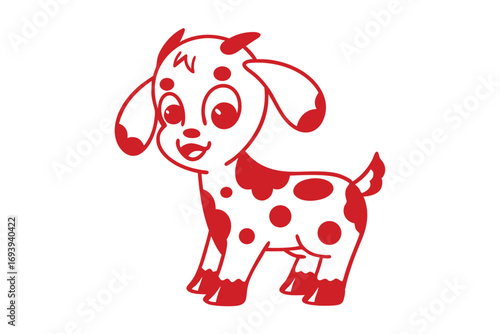 Animated kid goat with red spots smiles playfully, a cheerful animal